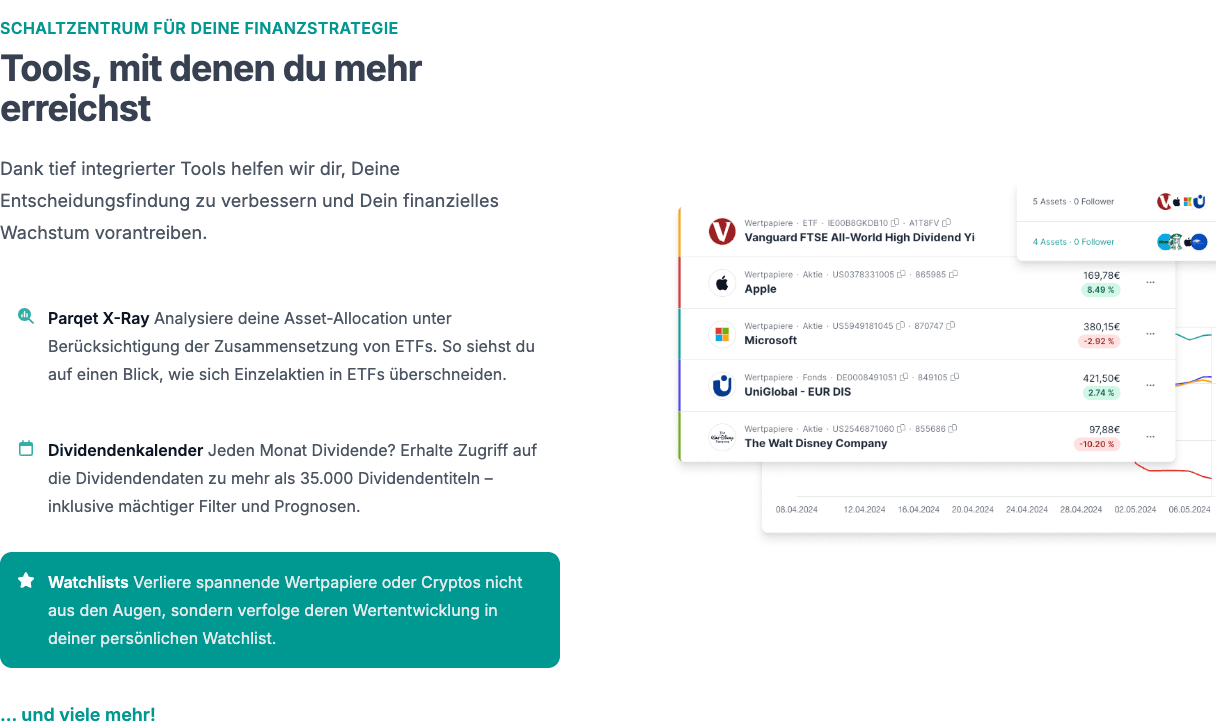 Parqet X-Ray, Dividendenkalender und Watchlist Tools