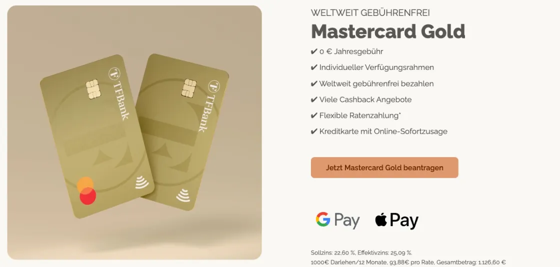 TF Bank Mastercard Gold, gebührenfreie Kreditkarte mit Reiseversicherungspaket