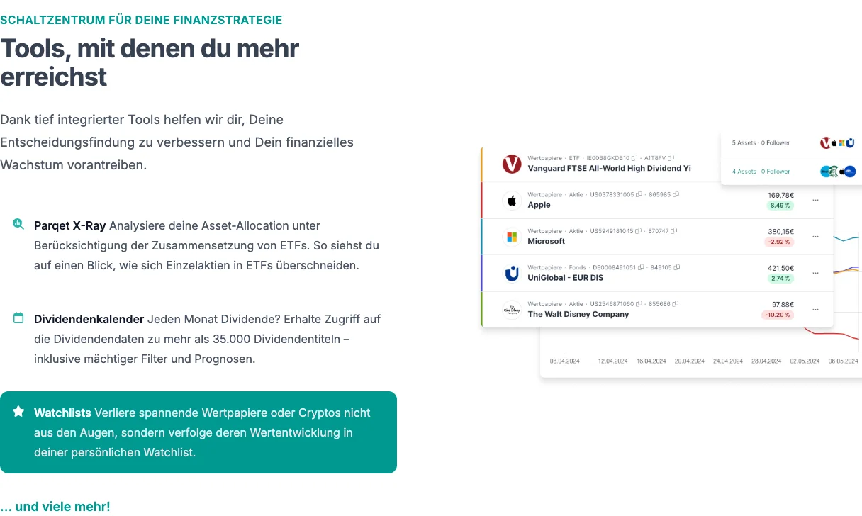 Parqet X-Ray, Dividendenkalender und Watchlist Tools